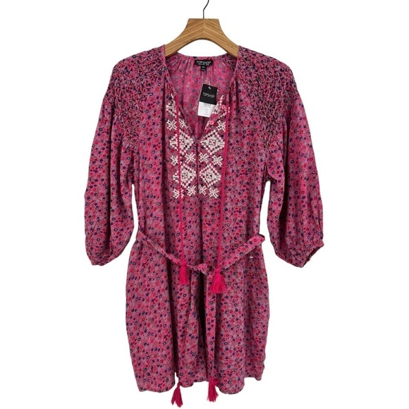 Topshop Ditsy Floral Print Embroidered Kaftan Tassel Tunic Dress in Pink US 6 - Picture 4 of 14